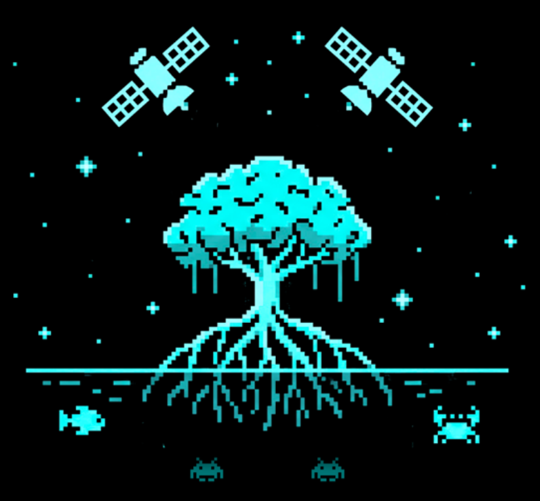 Mangrove Mapper logo — a pixel-art mangrove tree with satellites overhead and roots reaching into the water below