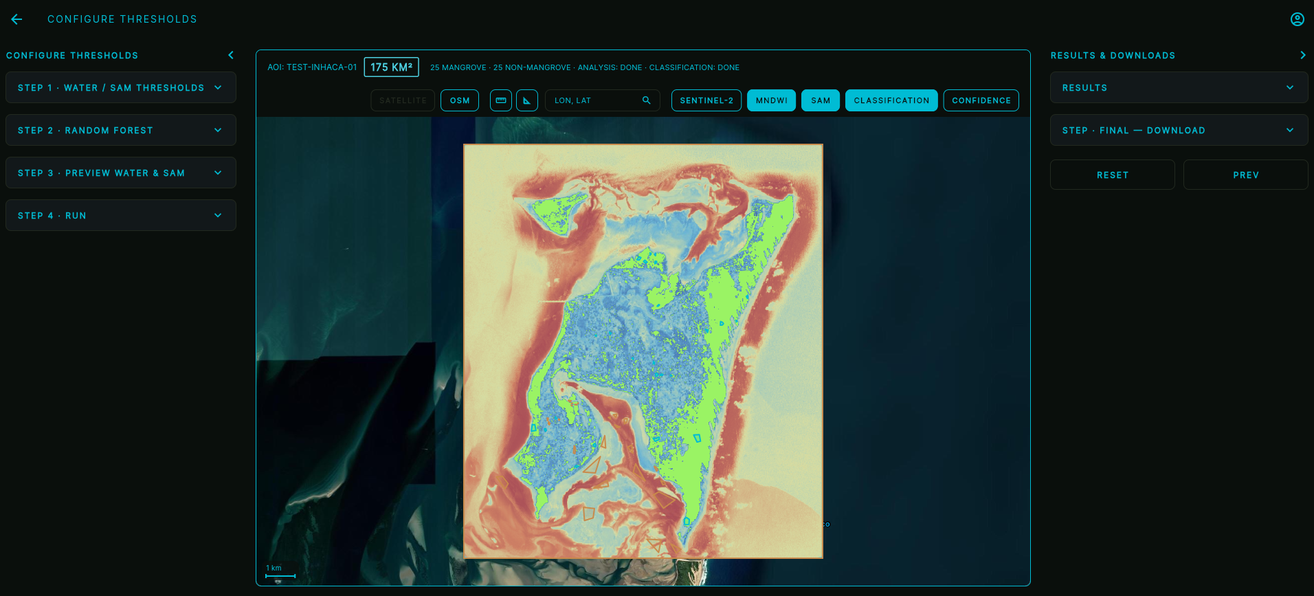 Mangrove Mapper's classification view for a sample AOI, showing Sentinel-2 imagery with MNDWI, SAM, and Random Forest classification overlays toggled on